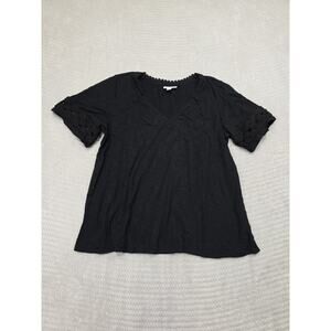 J Jill Shirt Womens Medium Petite Black Embroidered Hem Vneck